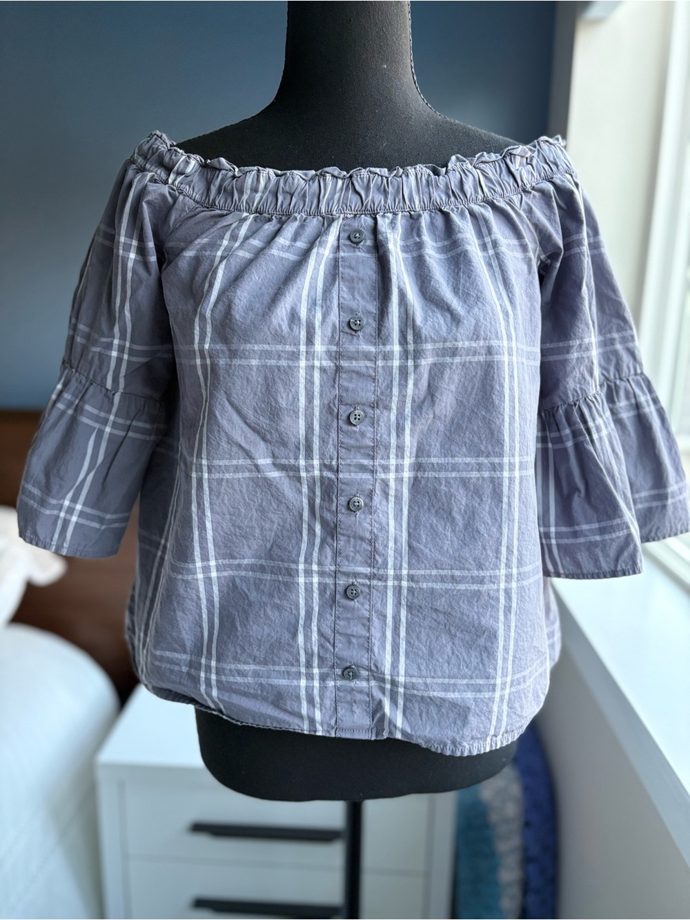 Abercrombie & Fitch Off-Shoulder On-Shoulder Gray Plaid Crop 3/4 Sleeve Top